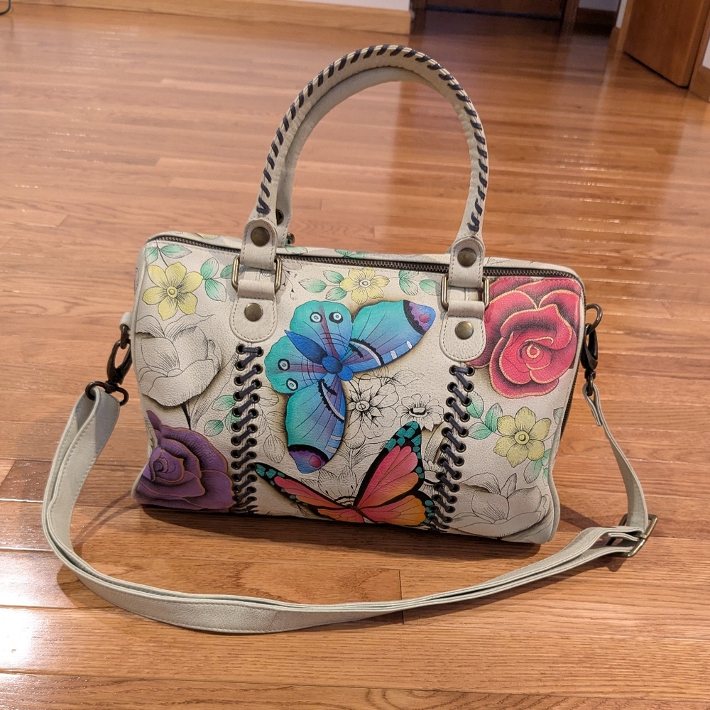 Anuschka Leather Floral Butterfly Handbag With Crossbody Strap
